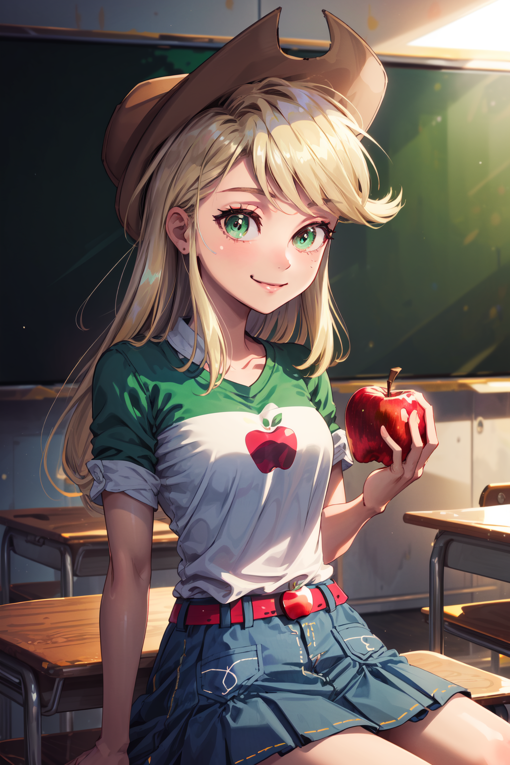 00727-3484431161-masterpiece,best quality,1girl,mlpapplejack,low-tied long hair,blonde hair,green eyes,cowboy hat,shirt,denim skirt,belt,apple de.png